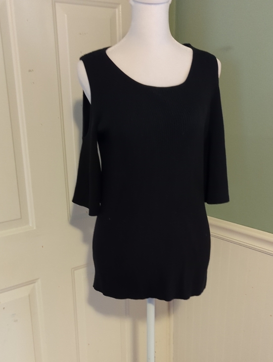 Banana Republic Tops - Banana Republic Black Ribbed Knit Top Large Cold Shoulder Bell Sleeves Cruise